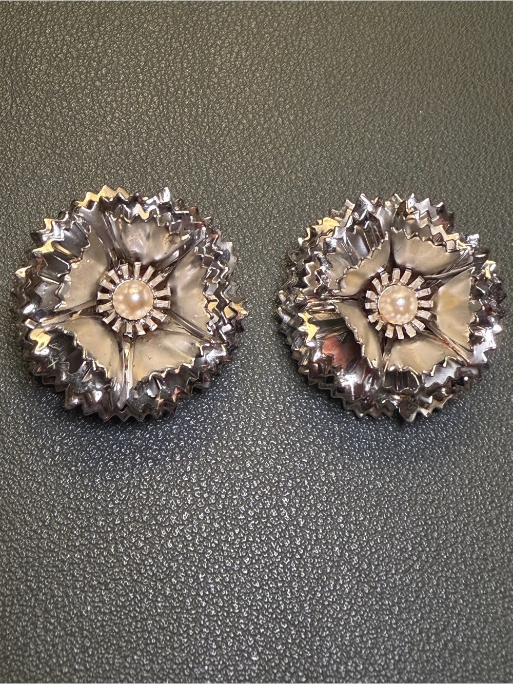 SILVER FLORAL Clip-On Earrings with faux Pearl Center
